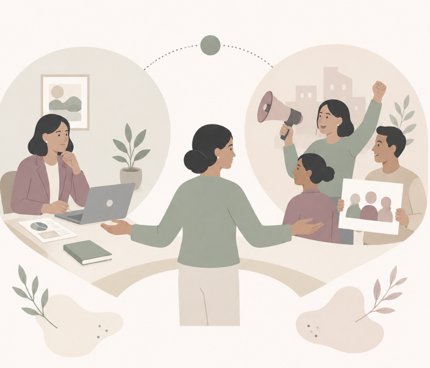 Consultancy and community advocacy connected through broader social change