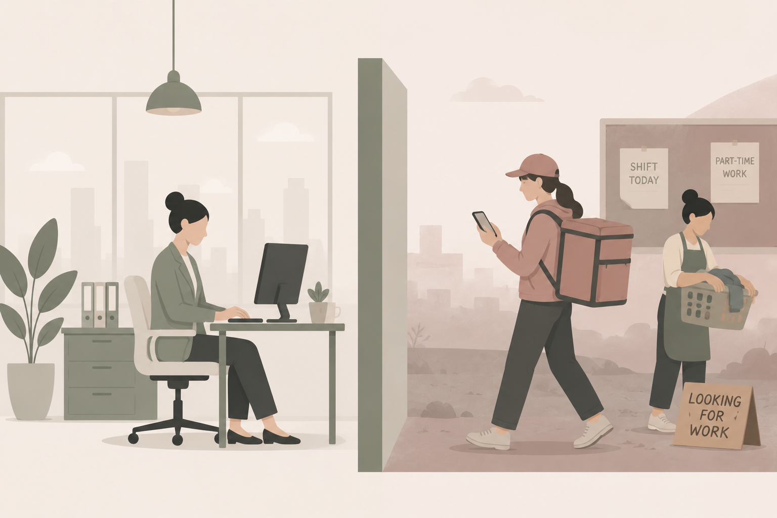 Illustration comparing secure office work with precarious unstable work